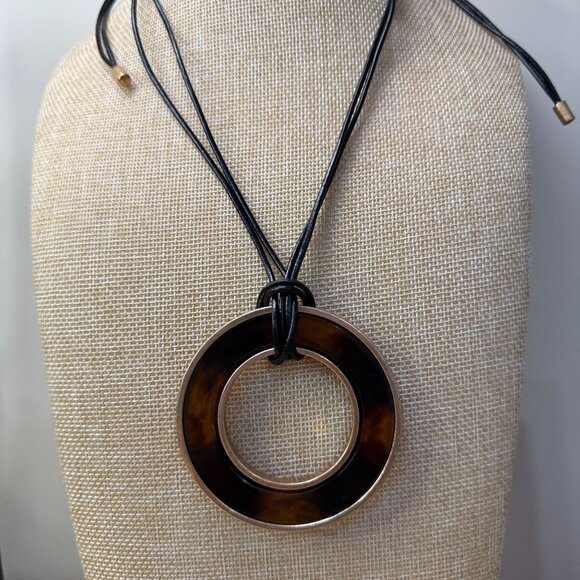 Chicos Tortoiseshell Pendant Necklace With Adjustable Black Cord Chain - Picture 2 of 10